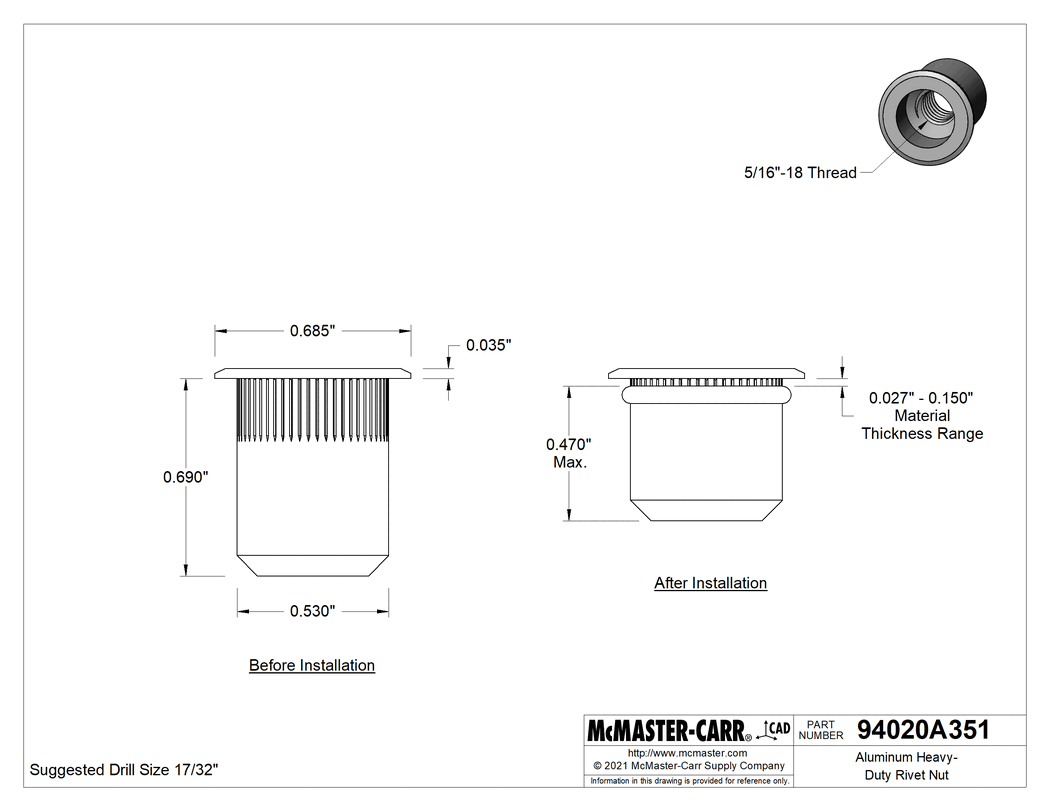 Technical Drawing of Aluminum Rivet Nut, 5/16"-18 Internal Thread,.027"-.150" Material Thickness.